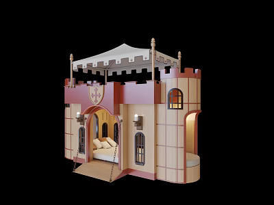 Wooden Castle Shaped Kids Bed Pink Beige With Tower Balcony And Canopy Windows 3d model