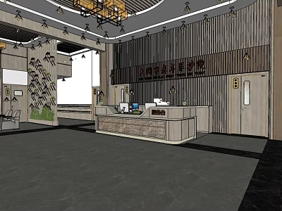 Elegant Lobby Reception Area With Wooden Paneling Chandelier And Entrance Doors 3d model