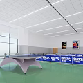 Indoor Table Tennis Fitness Space With Green Floor Blue Barriers And Bright Lighting