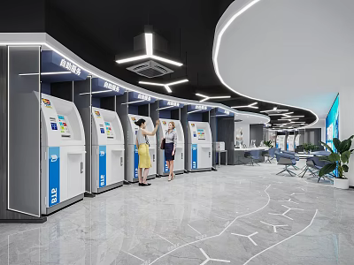 Modern Service Hall with Self-Service Kiosks Users Operating in Bright Spacious Interior 3d model
