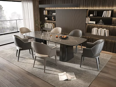 Modern Style Dining Table Set with Marble Top Six Light Gray Chairs and Bookshelves 3d model