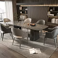 Modern Style Dining Table Set with Marble Top Six Light Gray Chairs and Bookshelves