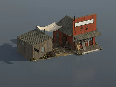 Old Western Style Buildings Red Structure And Wooden Cabin With Canvas Canopy Hanging Sign 3d model