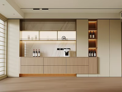 Modern Wooden Wine Cabinet With Built in Lighting Wine Glasses And Coffee Machine 3d model