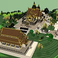 Ancient Traditional Temple Architecture With Courtyard Stairs And Green Surrounding Landscape