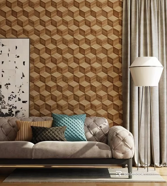 Two Seater Sofa With Throw Pillows Against Geometric Wooden Wall And Floor Lamp 3d model 