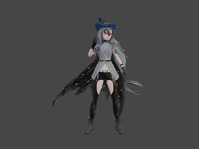 Game Movie Character With Grey Long Hair Blue Bow Grey Top And Black Winged Cape 3d model