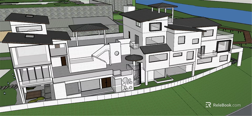 Modern Homestay Building Exterior With Multiple Units And Rooftop Structures 3d model 