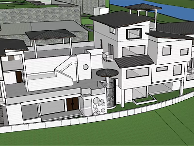 Modern Homestay Building Exterior With Multiple Units And Rooftop Structures 3d model