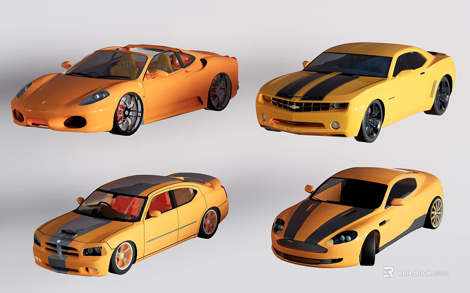 Four Yellow Cars With Black Stripes In Different Styles On White Background 3d model 