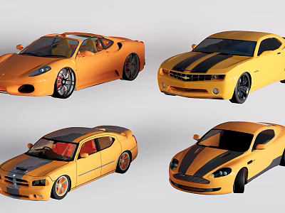 Four Yellow Cars With Black Stripes In Different Styles On White Background 3d model