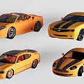 Four Yellow Cars With Black Stripes In Different Styles On White Background