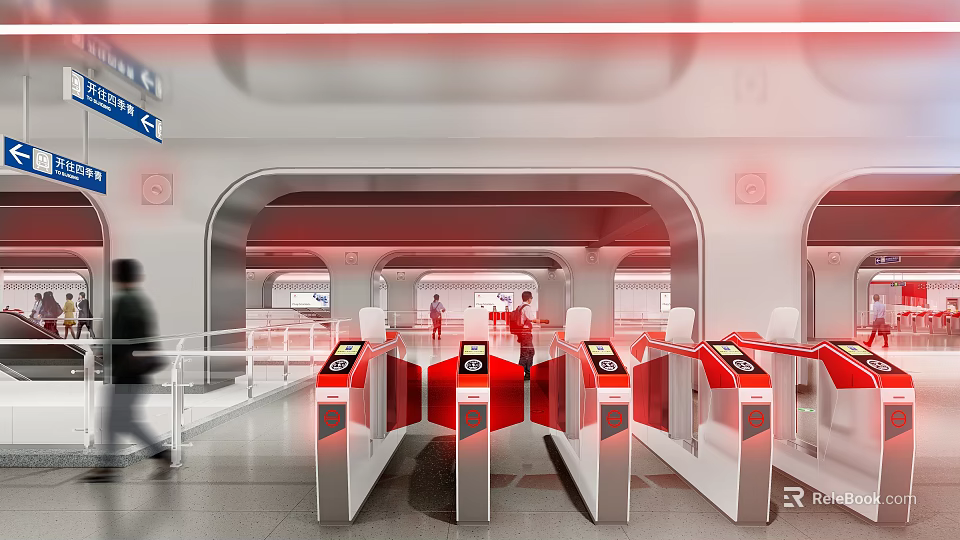 Modern Station Entrance Area With Red Turnstiles And Passengers Walking Through 3d model 