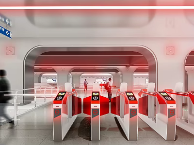 Modern Station Entrance Area With Red Turnstiles And Passengers Walking Through 3d model