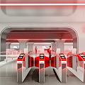 Modern Station Entrance Area With Red Turnstiles And Passengers Walking Through