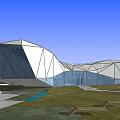 Modern Geometric Architectural Building With White Facade Green Lawns And Blue Water