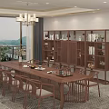 Classic Wooden Dining Table Set With Armchairs In Bright Room And Scenic View Through Windows