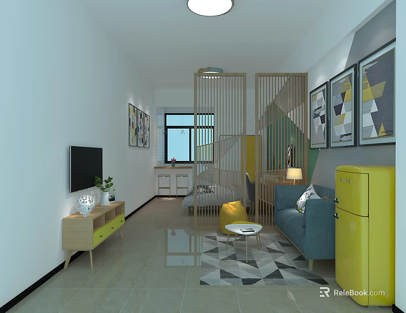 Modern Living Room Interior With Yellow Refrigerator Blue Sofa TV And Geometric Rug 3d model 