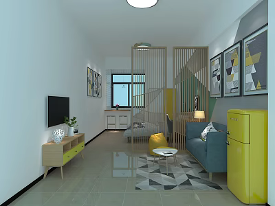 Modern Living Room Interior With Yellow Refrigerator Blue Sofa TV And Geometric Rug 3d model
