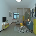 Modern Living Room Interior With Yellow Refrigerator Blue Sofa TV And Geometric Rug