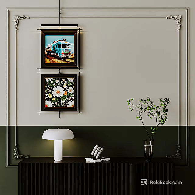 Abstract Paintings With Teal Truck And Floral Designs Hanging On Interior Wall With Table Lamp 3d model 