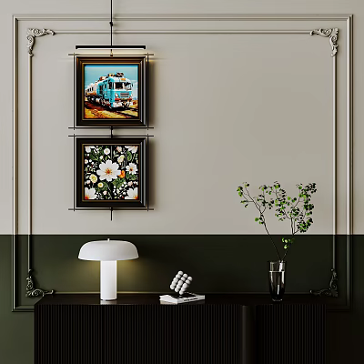 Abstract Paintings With Teal Truck And Floral Designs Hanging On Interior Wall With Table Lamp 3d model