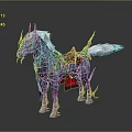 Horned Fantasy Mythical Steed With Blue Body White Mane Tail Golden Ornaments And Red Saddle