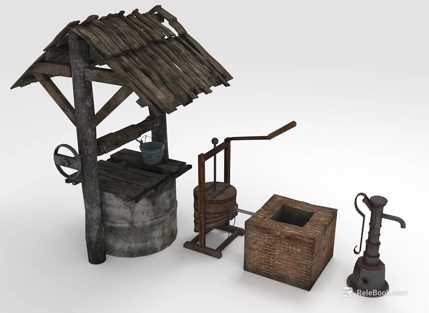 Rustic Wooden Well with Hand Pump Wooden Box and Iron Oil Lamp 3d model 