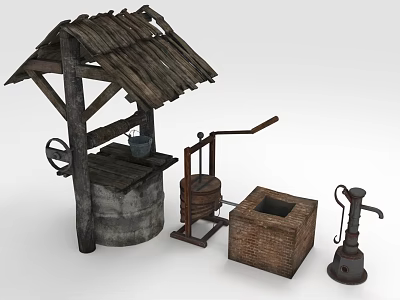 Rustic Wooden Well with Hand Pump Wooden Box and Iron Oil Lamp 3d model