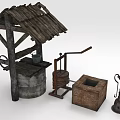 Rustic Wooden Well with Hand Pump Wooden Box and Iron Oil Lamp
