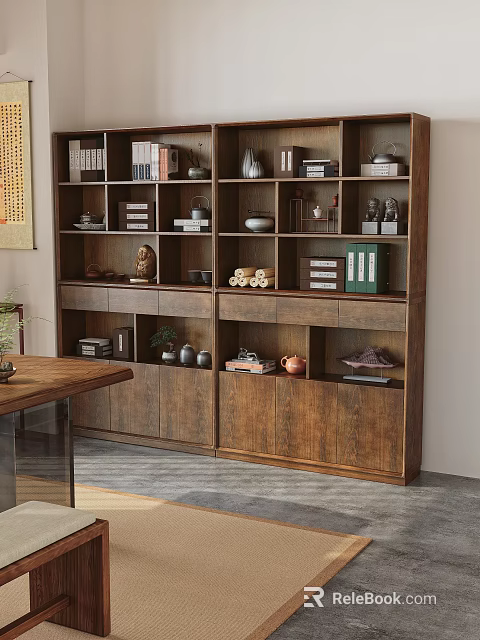 Traditional Wooden Bookcase With Books Decorative Vases Sculptures And Storage Cabinets 3d model 