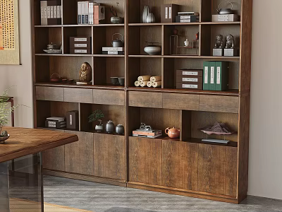 Traditional Wooden Bookcase With Books Decorative Vases Sculptures And Storage Cabinets 3d model