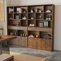 Traditional Wooden Bookcase With Books Decorative Vases Sculptures And Storage Cabinets