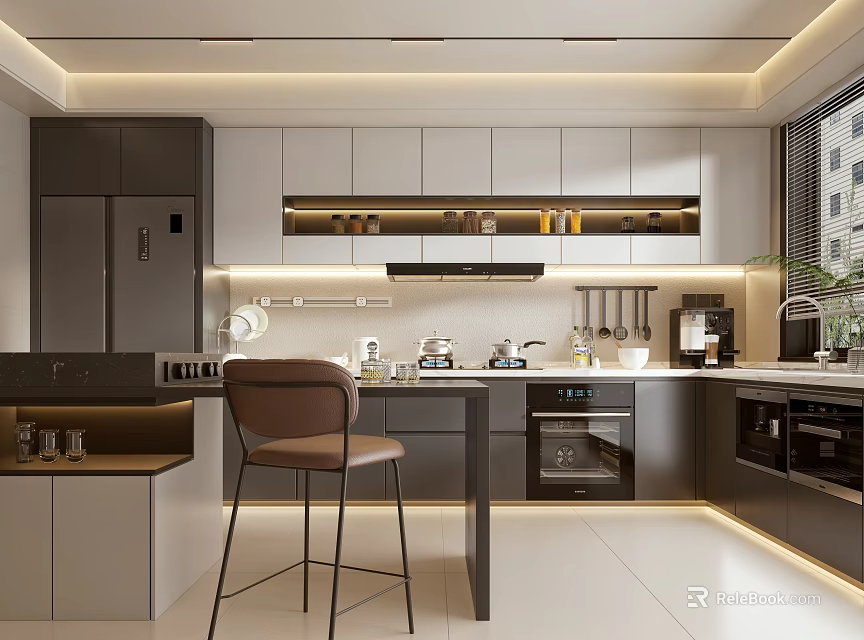 Modern Open Kitchen Interior Design With Gray And White Cabinets Island And Chair 3d model 