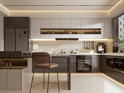 Modern Open Kitchen Interior Design With Gray And White Cabinets Island And Chair 3d model