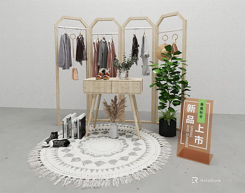 Wooden Clothes Racks with Hanging Clothes Small Table Plant and Rug for New Products 3d model 