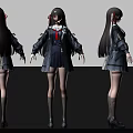 Anime Style Woman With Long Gray Hair Gray Coat Blue Skirt Red Tie Three Views