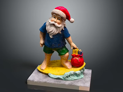 Man Wearing Santa Hat Blue Shirt Green Shorts Surfing On Yellow Surfboard With Red Bag 3d model