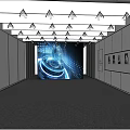 Hi Tech Exhibition Hall With Large Screen Blue Lighting Effects And Marble Floor 3d model