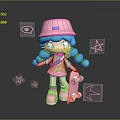 Cute Game and Movie Character With Pink Hat Blue Pigtails Skateboard and Pink Stars