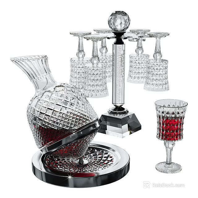 Crystal Wine Bottle And Glasses With Intricate Cut Patterns Red Wine In One Glass 3d model 