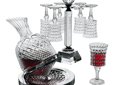 Crystal Wine Bottle And Glasses With Intricate Cut Patterns Red Wine In One Glass 3d model