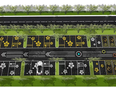Well Designed Parking Lot With Marked Spaces Arrows And Surrounding Green Landscaping 3d model