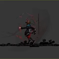 3D Character Model Scene With Shattered Geometric Shapes Red Lines And Stone Platform Base