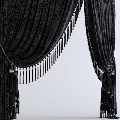 Elegant Dark Patterned Velvet Curtains With Tassel Trim And Drapery Design 3d model