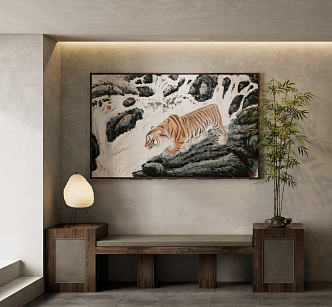 New Chinese Animal Painting Traditional Chinese Painting Tiger Art Hanging Painting Table Lamp Green Plant Ornaments 3d model