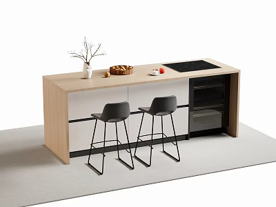 Modern Bar Counter With Wooden Top Black Bar Stools Vase Bread Fruits And Cooktop 3d model