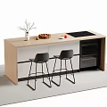Modern Bar Counter With Wooden Top Black Bar Stools Vase Bread Fruits And Cooktop