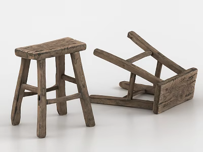 Rustic Wooden Stools Two Pieces Standing And Lying On White Background 3d model