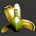 Peeled Yellow Banana With Green Stem White Flesh And Orange Peel On Dark Reflective Surface